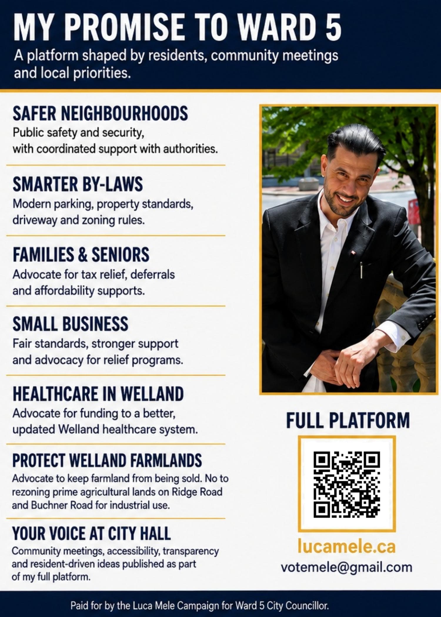 Luca Mele campaign postcard with promise to Ward 5